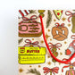 Illustrated pattern with various food items and festive elements on a beige background
