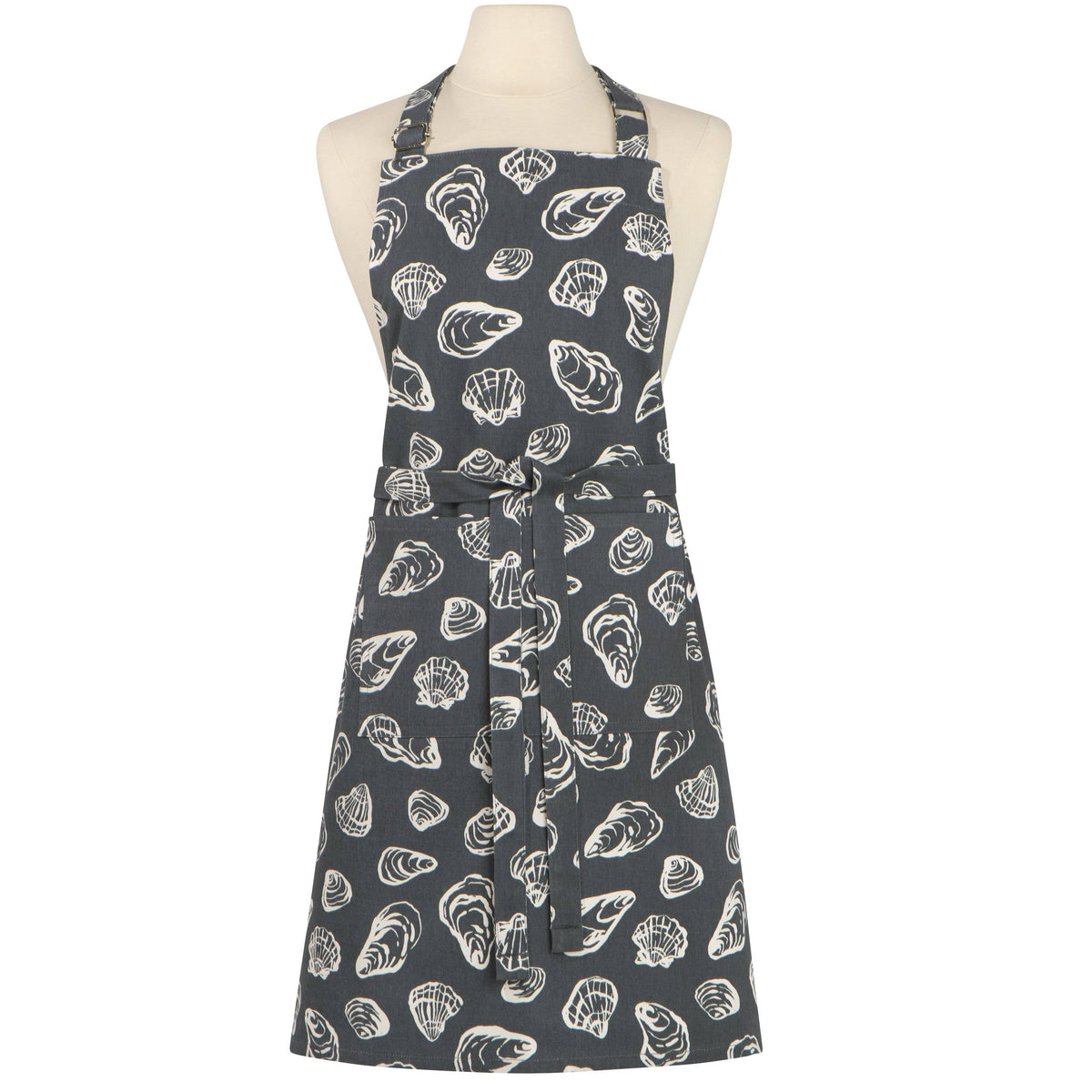 A dark gray kitchen apron with a white shellfish pattern, displayed on a cream-colored mannequin torso against a plain white background.