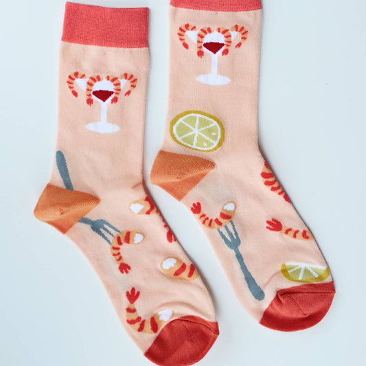 Women's crew socks -- designed with shrimp cocktail, shrimp on a fork and lemon slices 