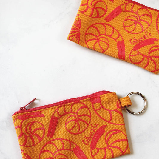 keyring with pouch. pouch design is of shrimp cocktail.