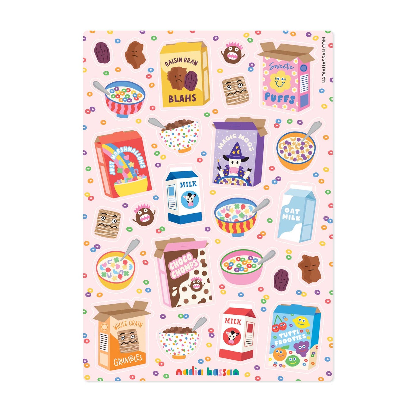Sheet of different kinds of cereal boxes and milks on a white background 
