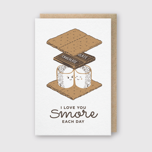 Greeting card with s'mores illustration and 'I love you smore each day' text on a white background.
