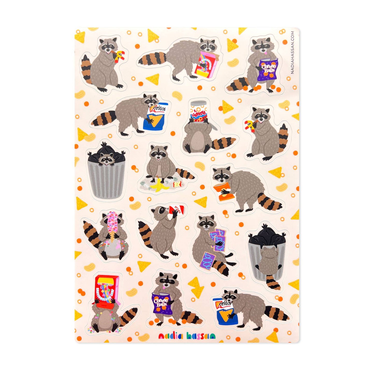 Sticker sheet with cartoon raccoons holding snacks on a white background