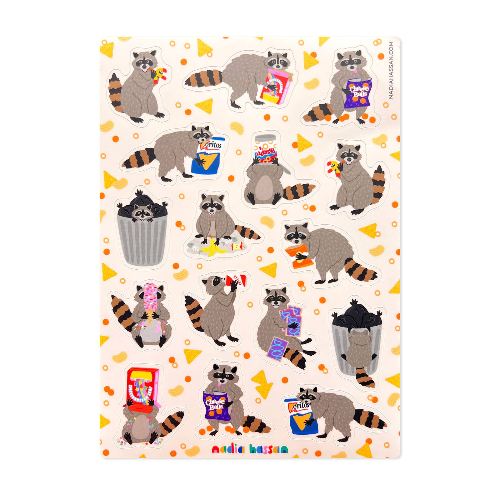 Sticker sheet with cartoon raccoons holding snacks on a white background