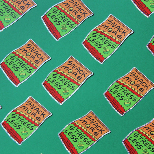 Pattern of 'Snack More, Stress Less' stickers  on a green background