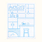 Blue line art featuring a kitchen with a bug hugging a banana.