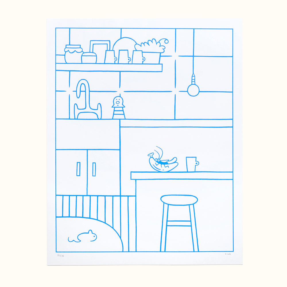 Blue line art featuring a kitchen with a bug hugging a banana.