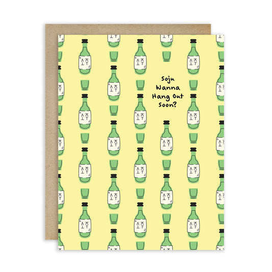 Greeting card with green bottle pattern and text on a yellow background