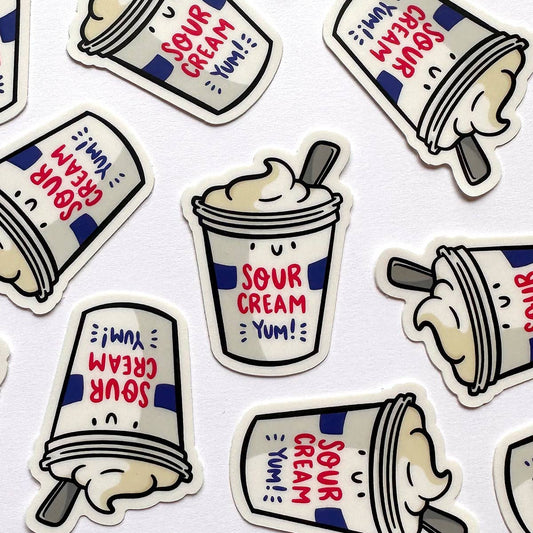 A sheet of die-cut stickers featuring cartoon illustrations of tubs with 'SOUR CREAM YUM!'. The stickers are arranged in a repeating pattern on a white background.