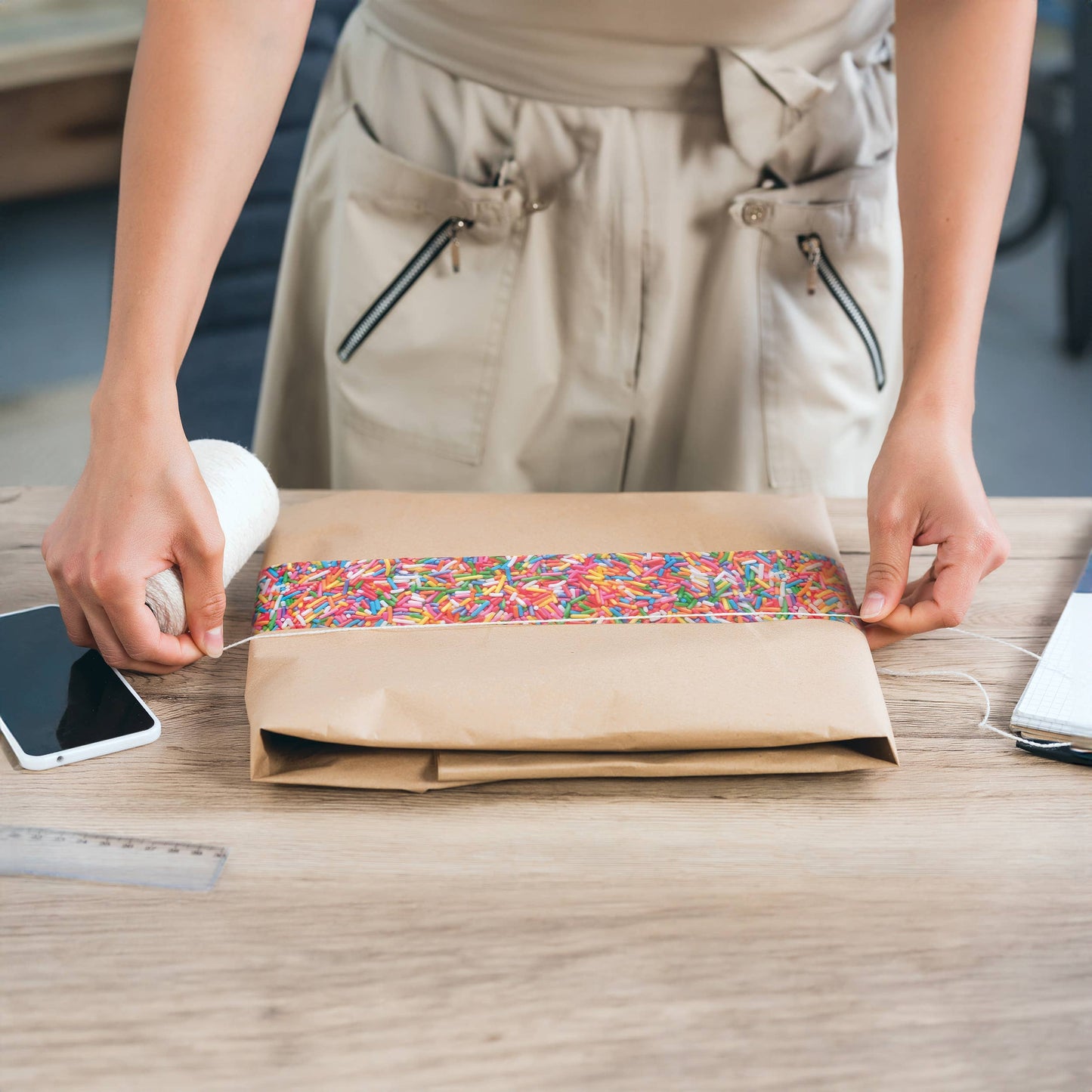 associate wrapping a gift with sprinkle packaging tape and twine.