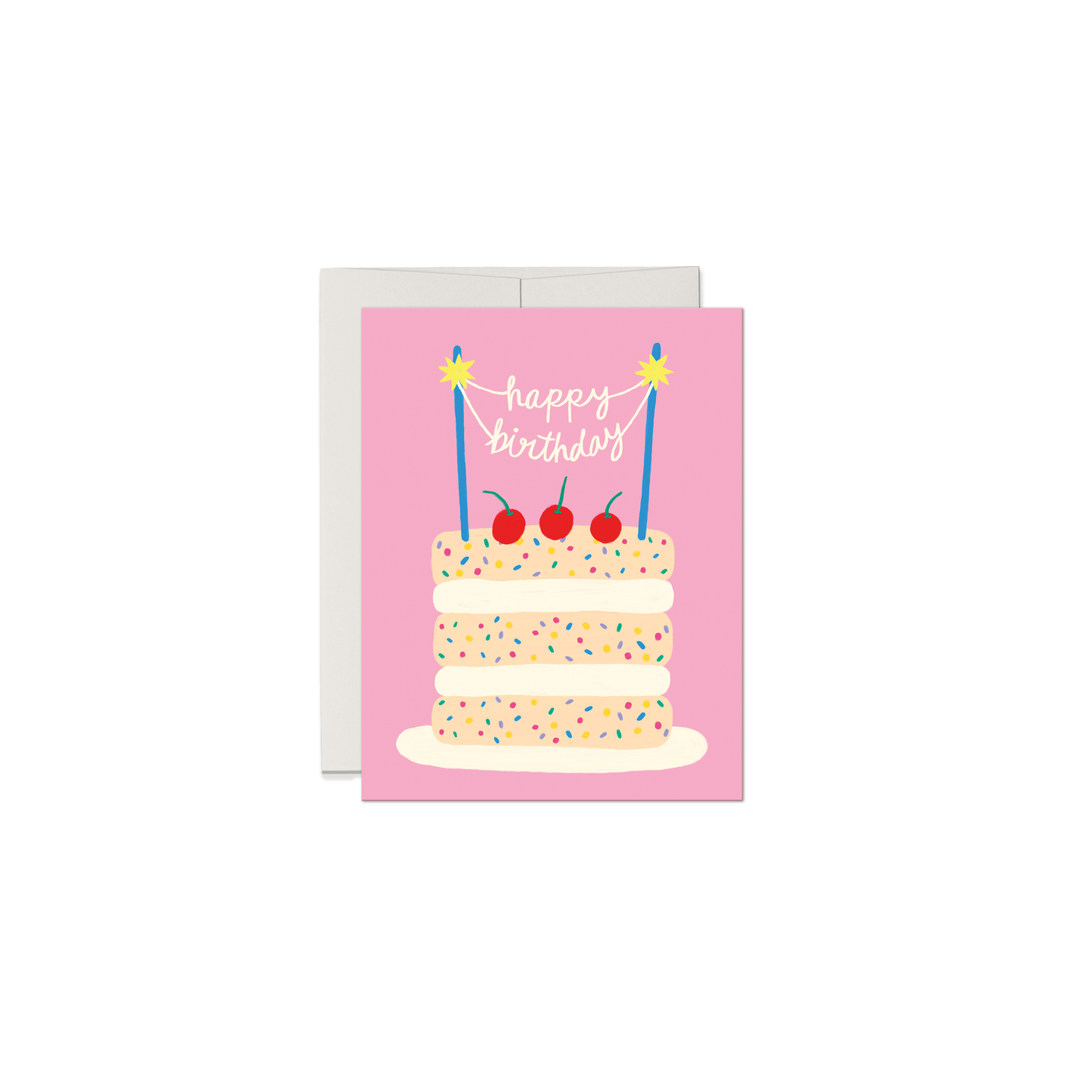 Greeting card with a birthday cake illustration on a pink background