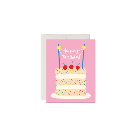 Greeting card with a birthday cake illustration on a pink background