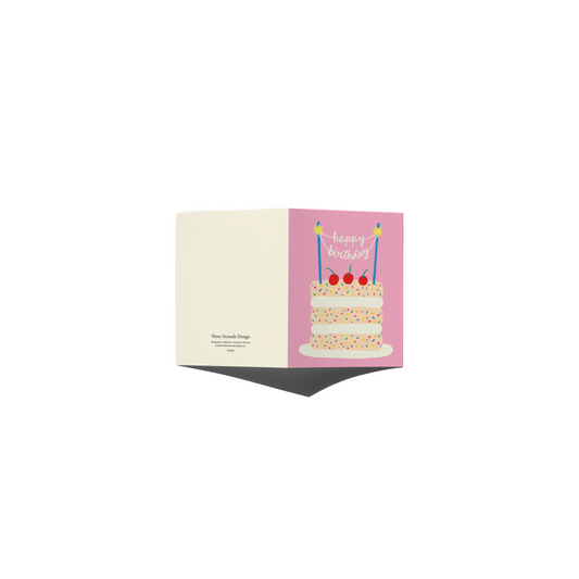 Greeting card with a birthday cake illustration on a white background