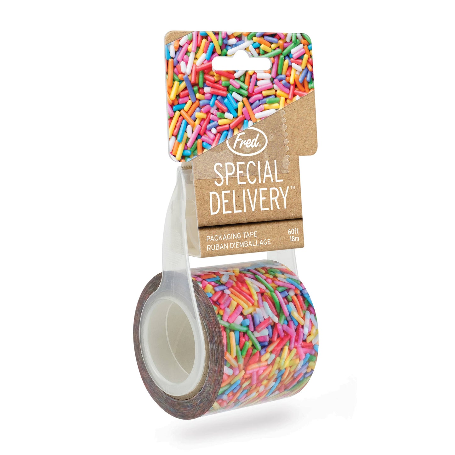 Side view of Sprinkles packaging tape with card backing.