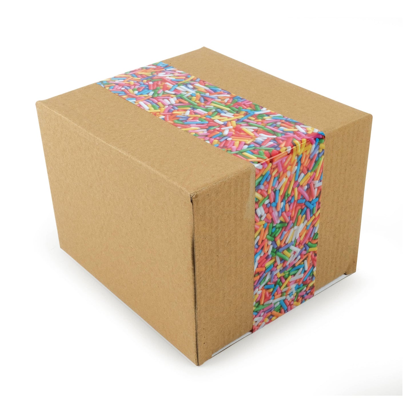 Shipping box with sprinkles packaging tape around the box.