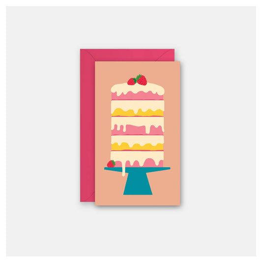 mini note/greeting card with a 5 tiered/stacked cake with icing and strawberries on top design