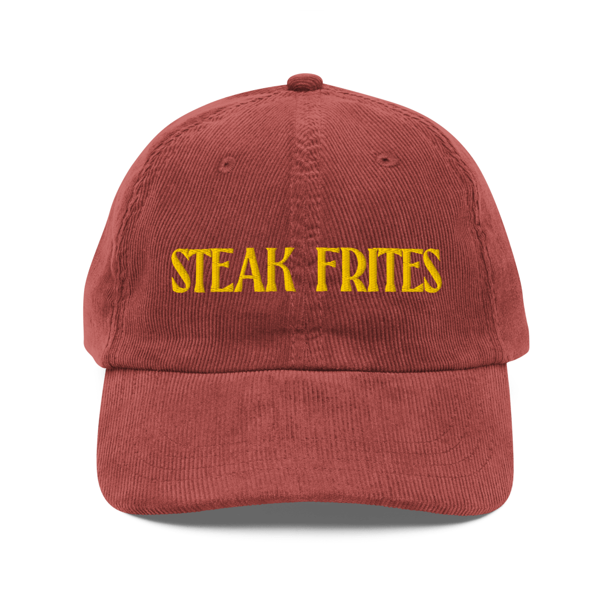 Red cap with 'STEAK FRITES' text on a transparent background