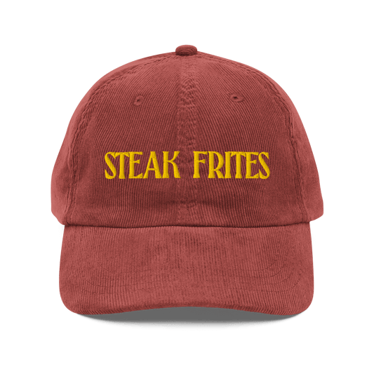 Red cap with 'STEAK FRITES' text on a transparent background