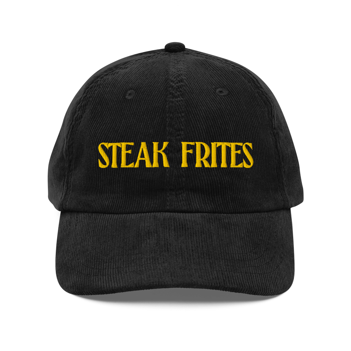 Black cap with 'STEAK FRITES' text in yellow on a transparent background