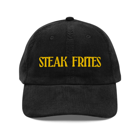 Black cap with 'STEAK FRITES' text in yellow on a transparent background