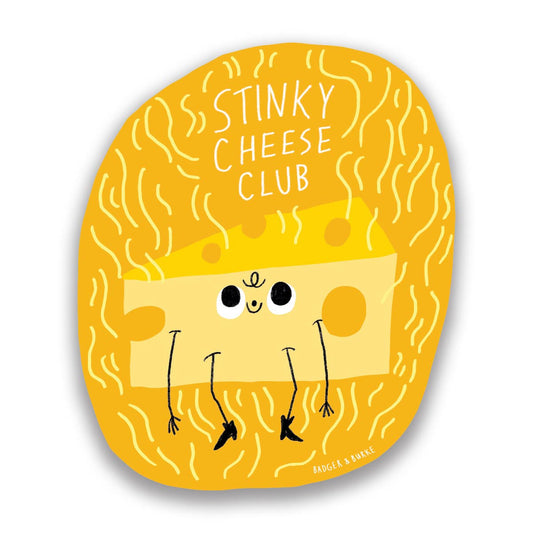 Illustration of a cheese character with 'Stinky Cheese Club' text on a yellow background
