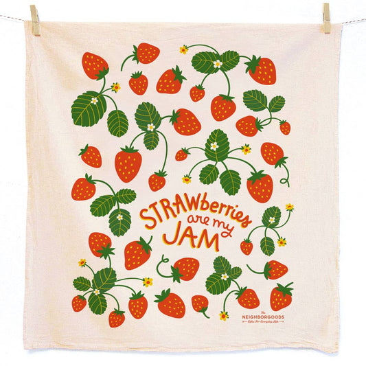 Towel with strawberry design and text 'Strawberries are my JAM' on a white background