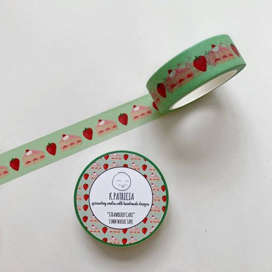 Strawberry cakes and fresh strawberries in a pattern on green washi tape. Logo on the front that says: K. Patricia.