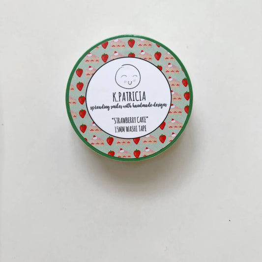 Strawberry cakes and fresh strawberries in a pattern on green washi tape. Logo on the front that says: K. Patricia.