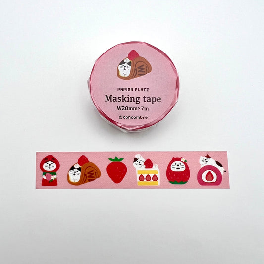 Pink washi tape featuring cats in different forms strawberry sweets.