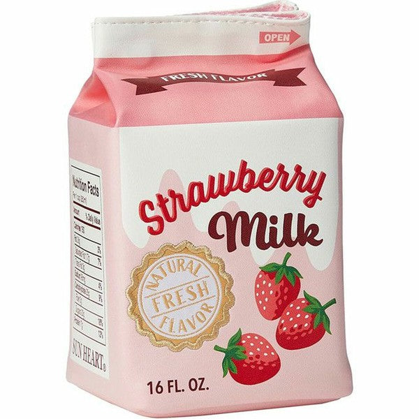 Pouch that looks like a carton of Strawberry milk. Image has 3 strawberries. Carton is red, pink and white.