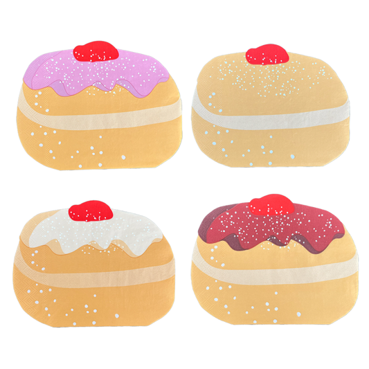 Four illustrated donut or pastry shapes arranged in a 2x2 grid on a white background, each with different frosting colors and red topping details.