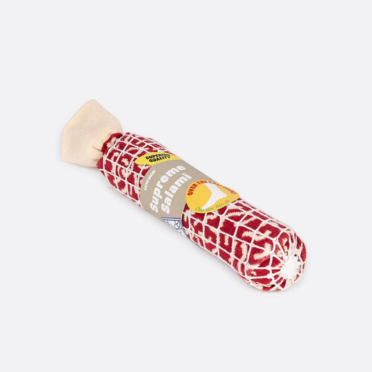 Salami socks with a red and white pattern on a white background
