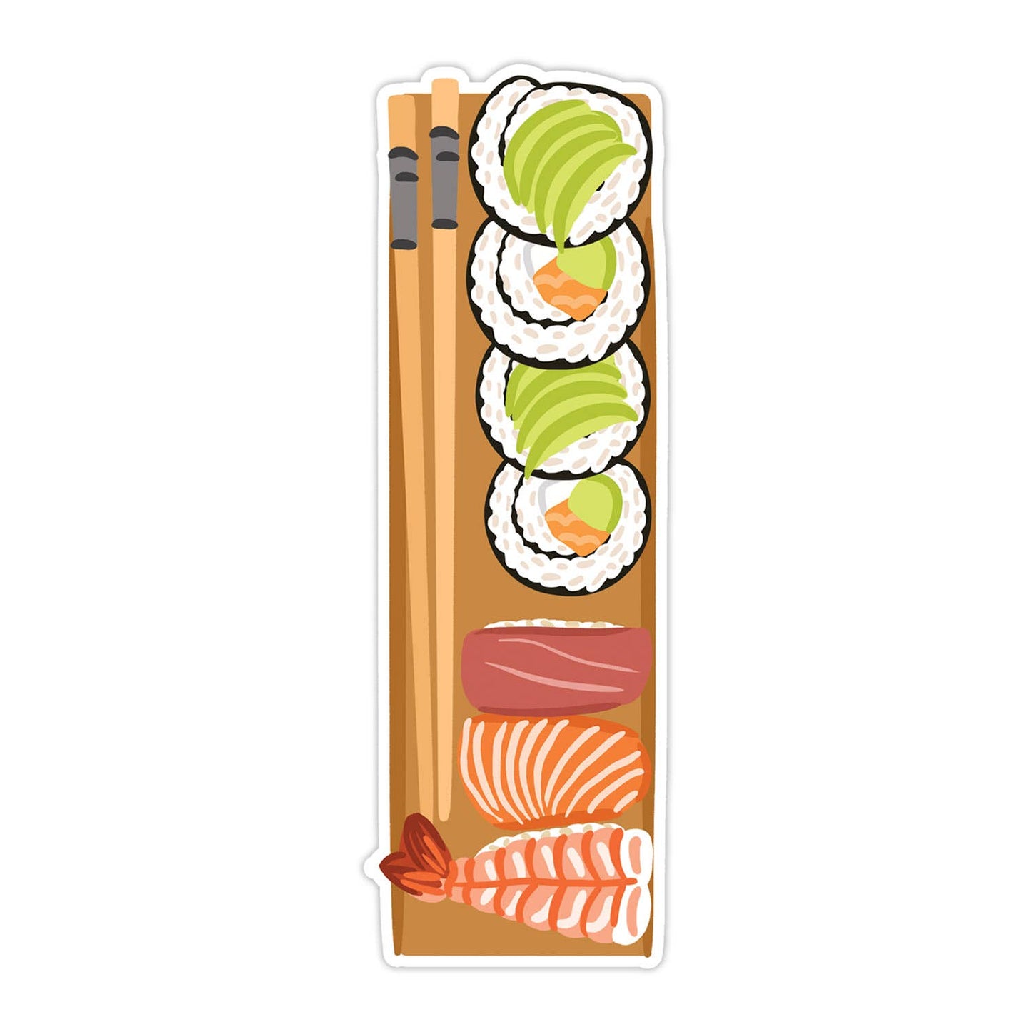 Illustration of sushi on a wooden board with chopsticks as a bookmark on a white background