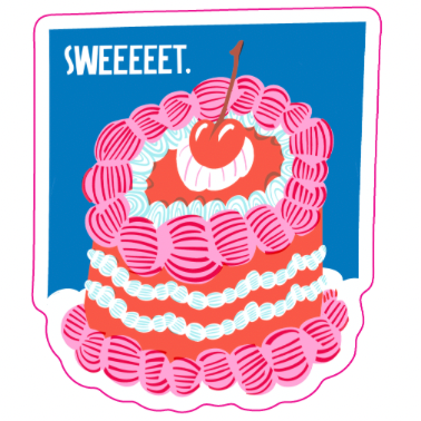 A stylized illustrated cake with pink piped frosting, a red cherry on top, and the word 'SWEEEEET.' in white text on a blue background, all inside a scalloped white sticker-like border.