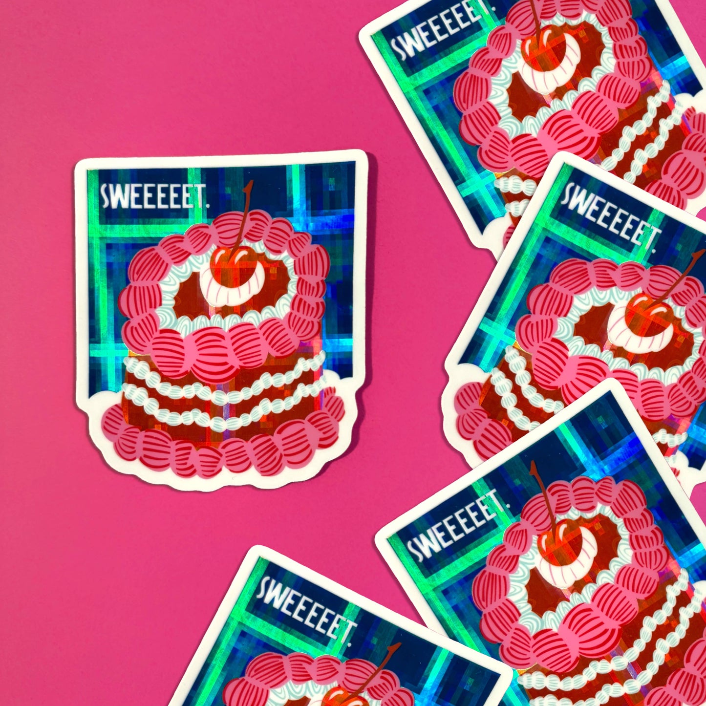 Stickers with cake designs and 'SWEEEET' text on a pink background