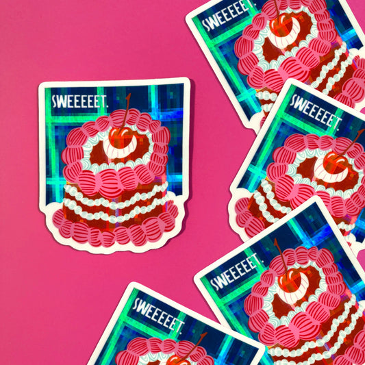 Stickers with cake designs and 'SWEEEET' text on a pink background
