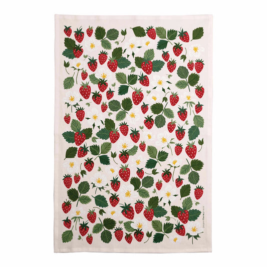 Tea towel in strawberry patch print, shown unfolded