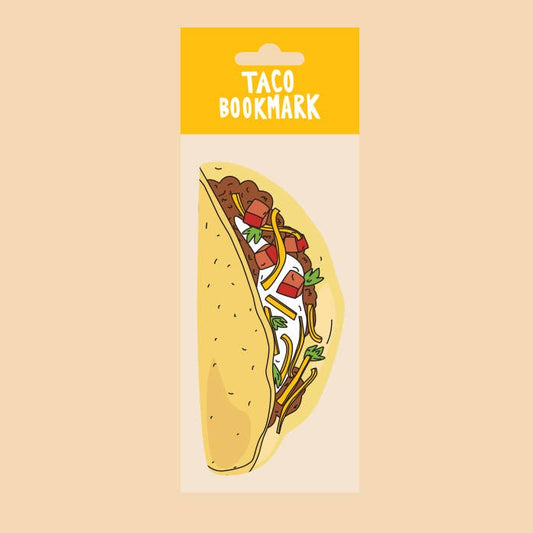 Bookmark shaped like a hardshell taco filled with beans or meat, salsa, sour cream, and grated cheese.