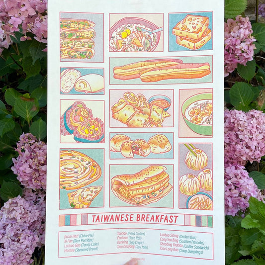 Risograph print of assorted Taiwanese breakfast foods. 