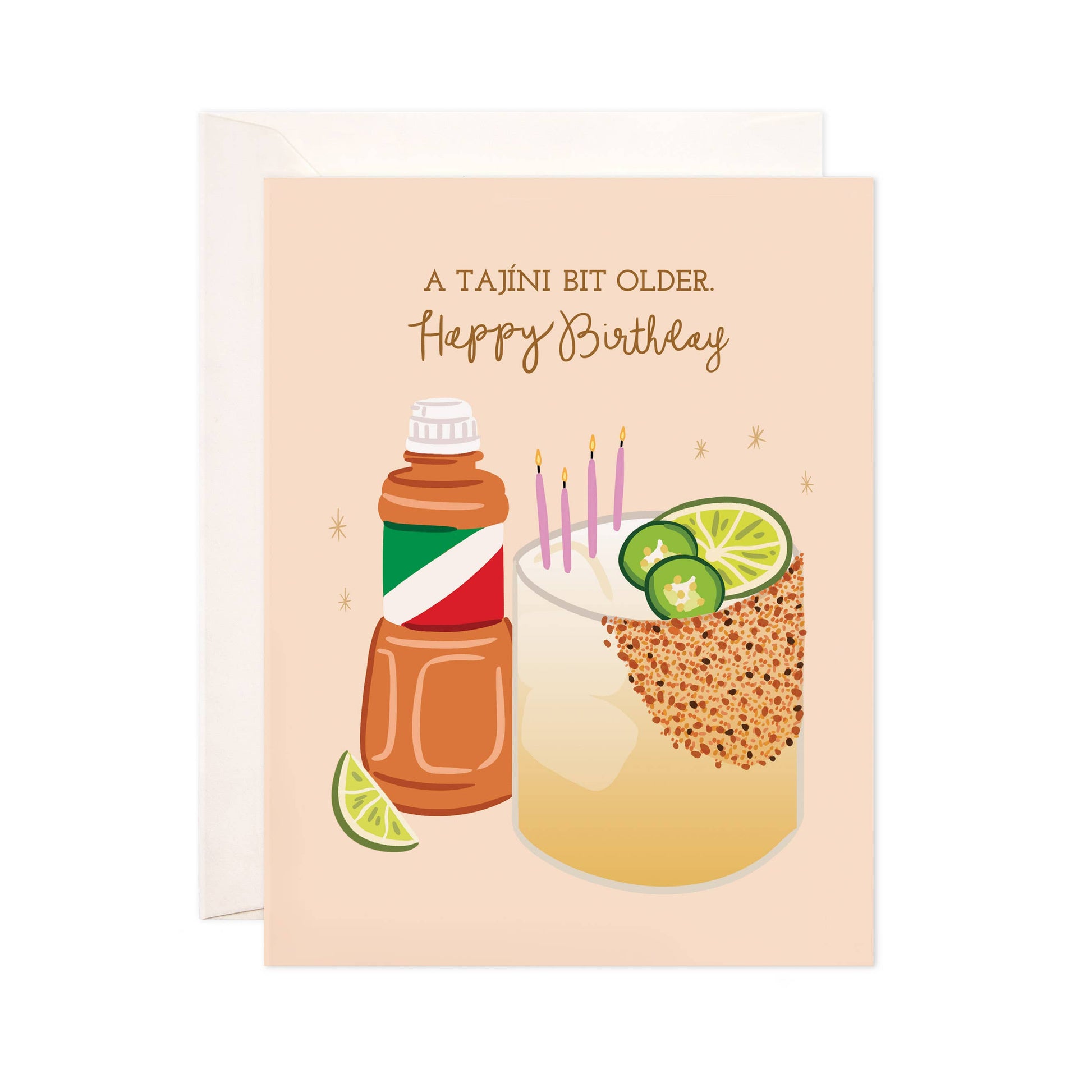 Birthday card with tajin bottle and a margarita with candles on a beige background