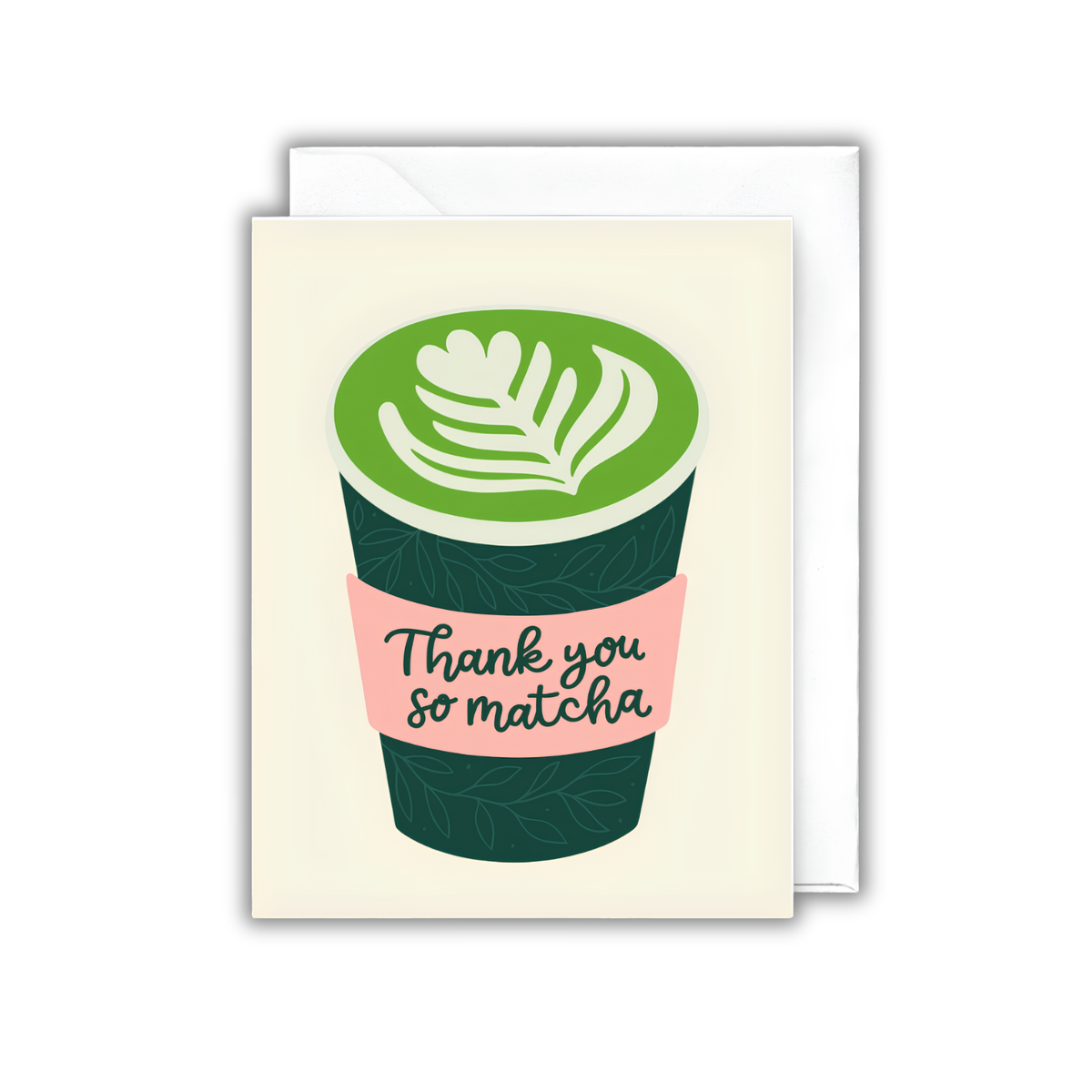 A square greeting card with a white envelope behind it, featuring an illustration of a matcha coffee cup with the text 'Thank you so matcha' on a light cream background.