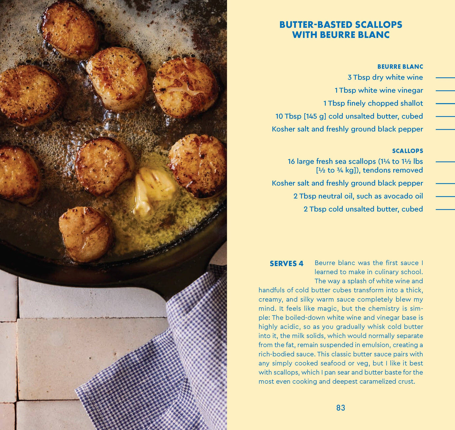 Butter-basted scallops in a pan with Beurre Blanc recipe on the side.