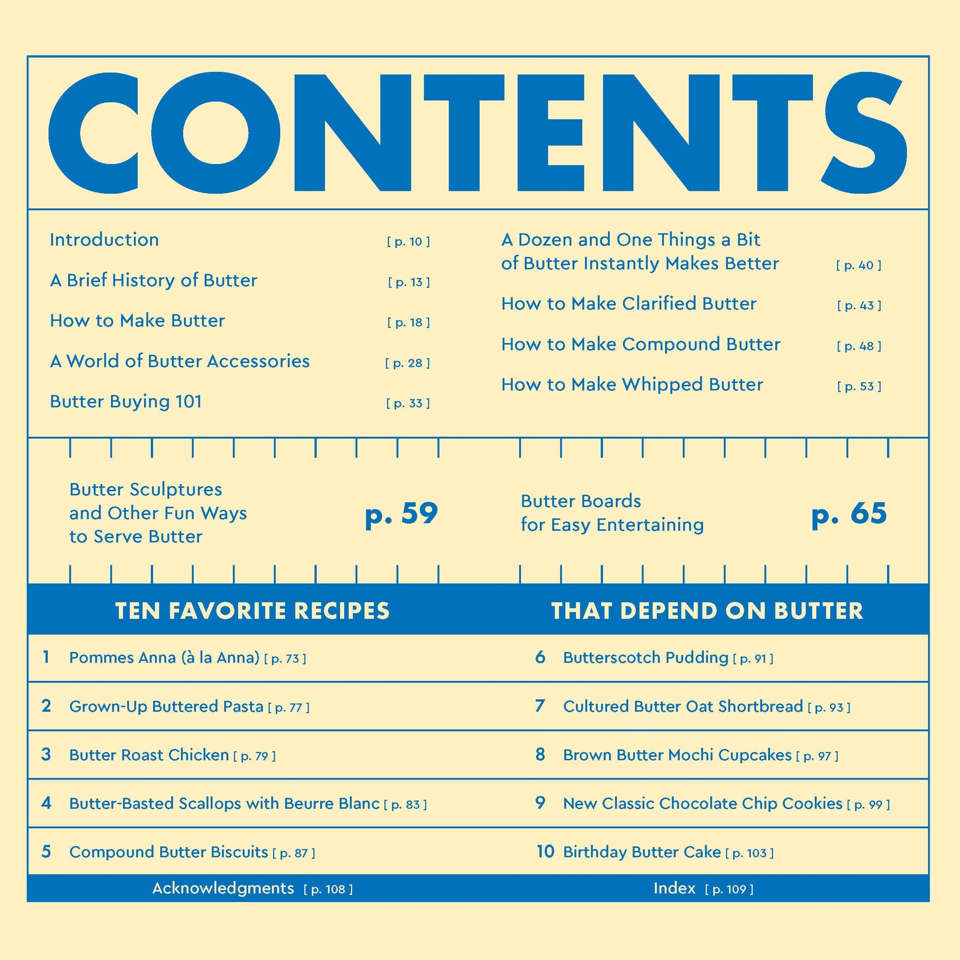 Table of contents for a book about butter with blue and beige color scheme.