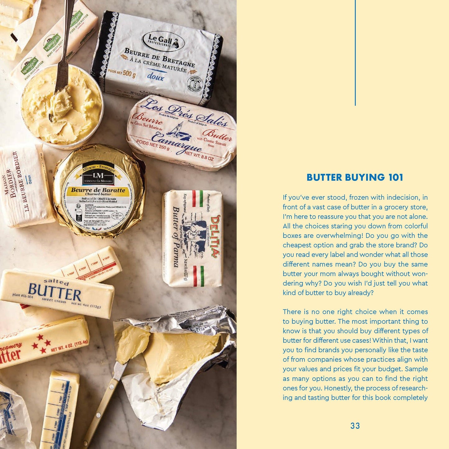 Assorted types of butter on a marble surface with text on how to buy butter on a yellow background.