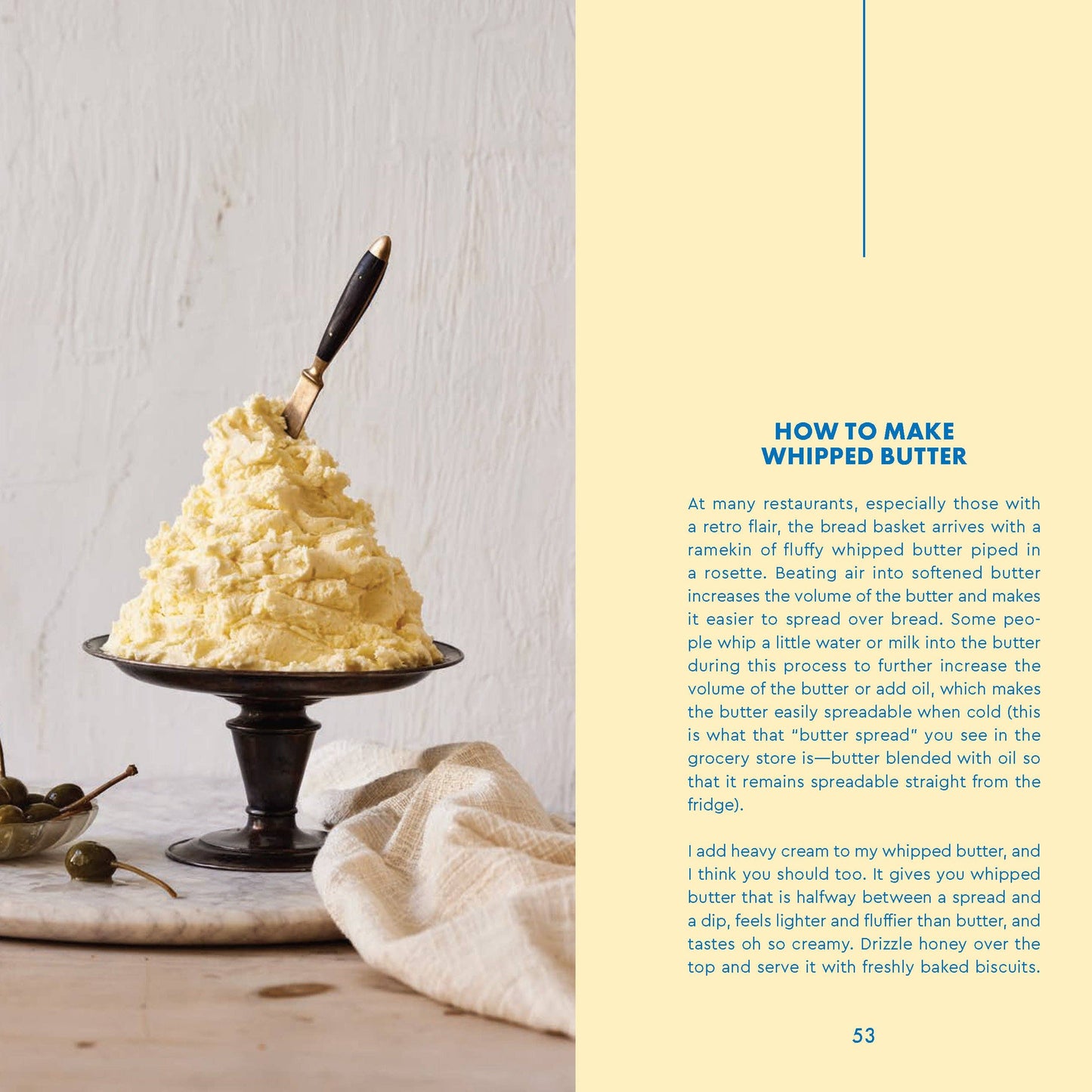 Whipped butter on a small black stand with a knife, on a light wooden surface and text on the other page on how to make whipped butter 