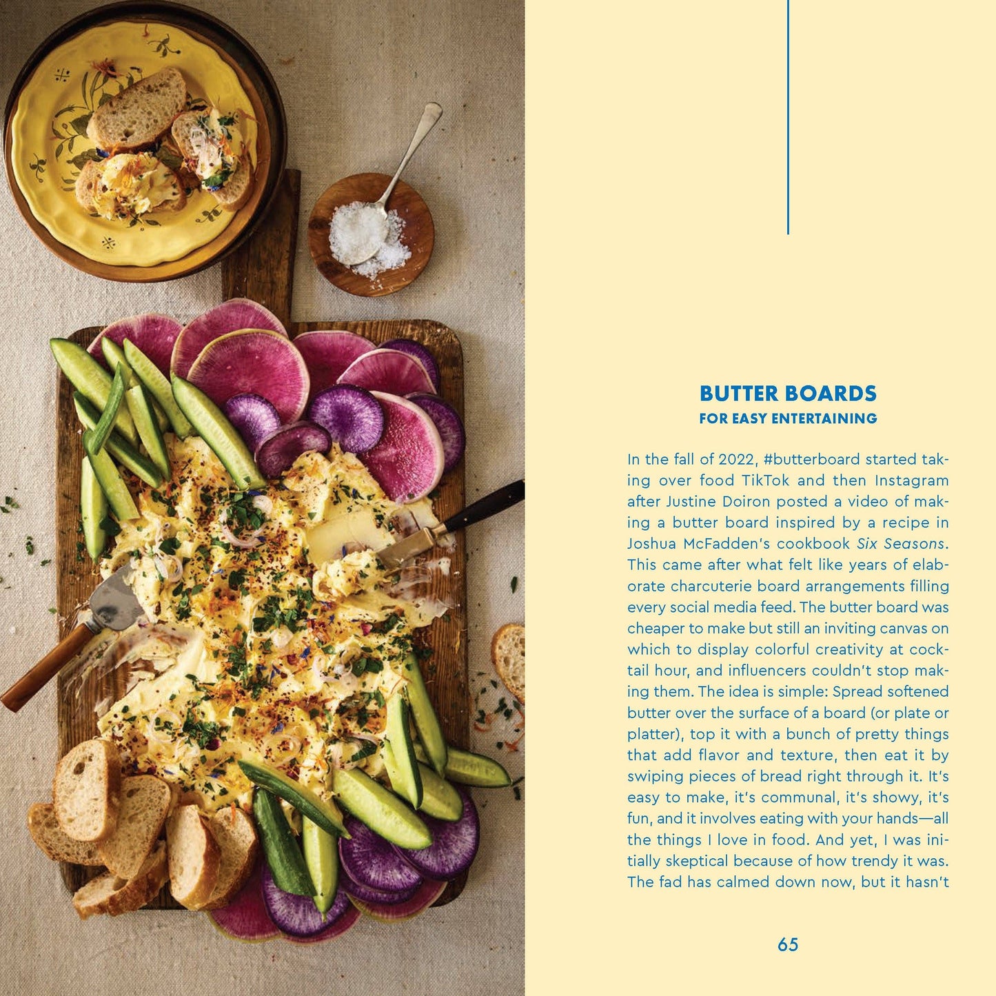 Butter board with dip, vegetables, and bread on a wooden board with text overlay on how to make them 