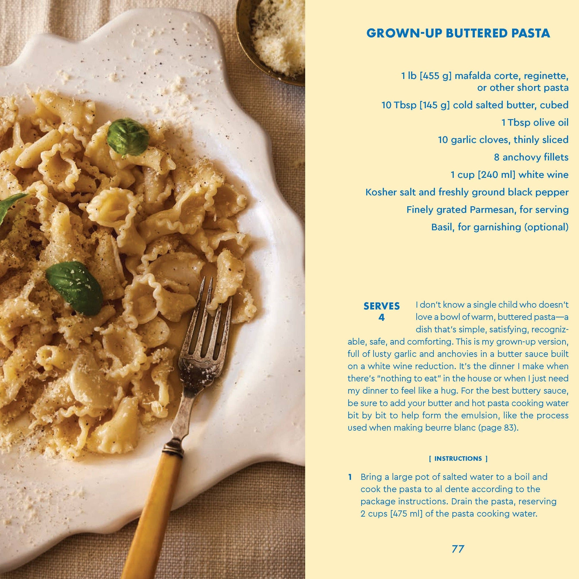 Buttered pasta dish with a fork on a white plate, accompanied by a recipe card on the right.