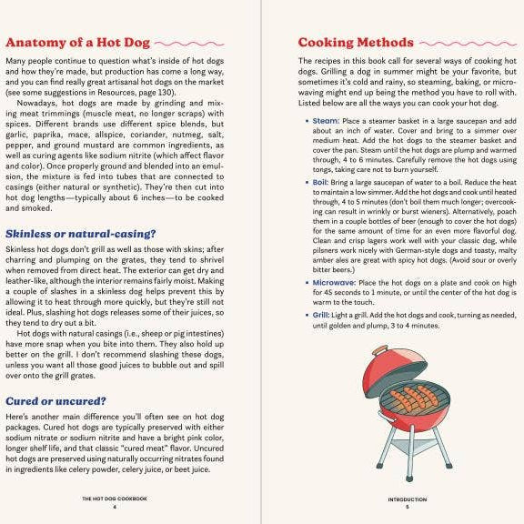 Page from 'The Hot Dog Cookbook' with text on hot dog preparation methods and a small illustration of a grill.