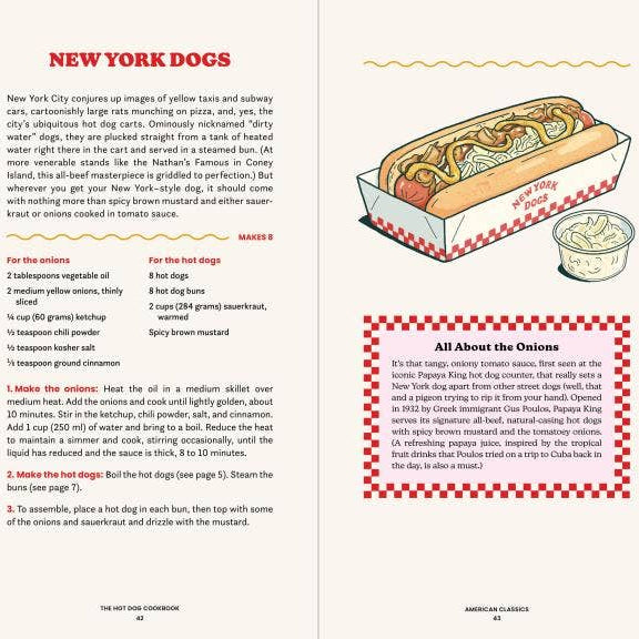 Page from 'The Hot Dog Cookbook' featuring a New York-style hot dog recipe with an illustration of a hot dog in a bun.