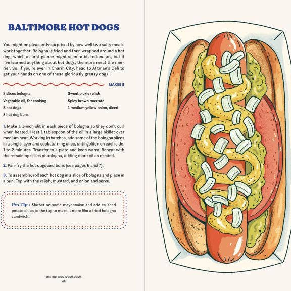 Illustration of a Baltimore hot dog with bologna, relish, mustard, and onions on a bun.